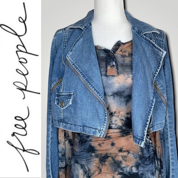 FREE PEOPLE CROPPED MOTO MOD ZIPPER DENIM JACKET - SP
